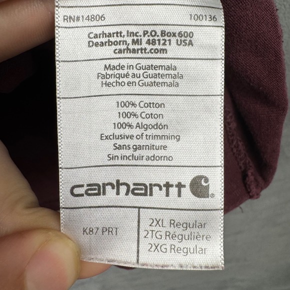 Carhartt K87 PRT Burgundy Short Sleeve Workwear Pocket T Shirt Mens 2XL - Picture 7 of 8